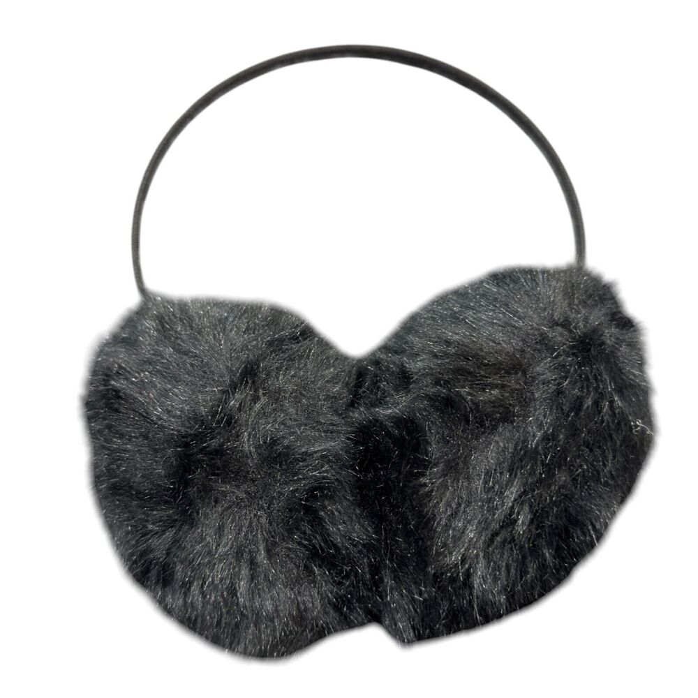 Girls Winter Warm Adjustable Knitted Faux Fur Plush Earmuffs Ear Warmers - Black